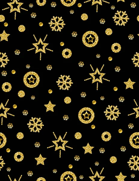 Czarne Tło Wzór Boże Narodzenie Złote Błyszczące Płatki Śniegu Gwiazdach — Wektor stockowy