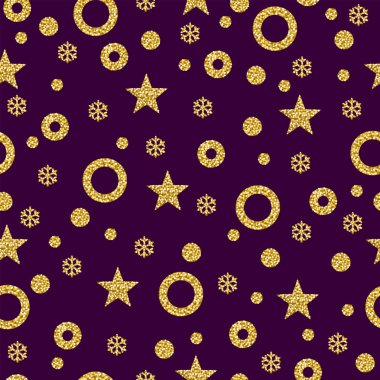 Noel desen arka plan altın ışıltılı kar taneleri ve yıldız, vektör çizim ile mor