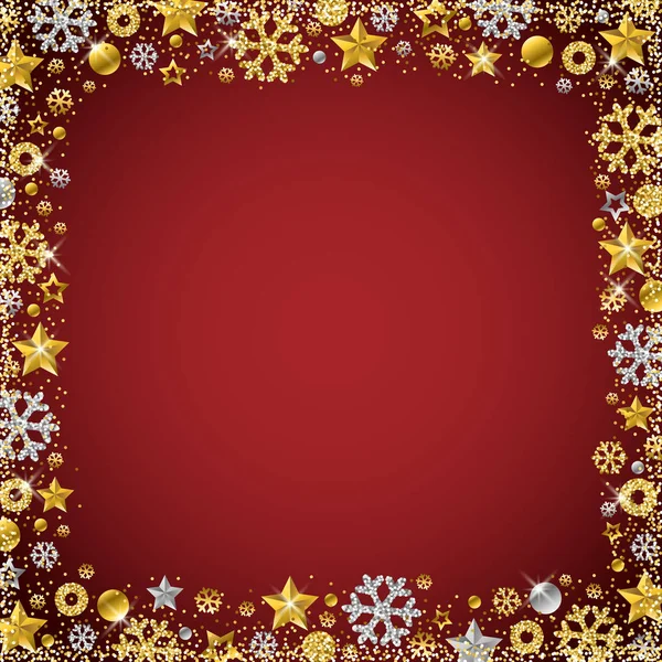 Rote Weihnachtskarte Mit Gold Und Silber Glitzernden Schneeflocken Und Sternen — Stockvektor