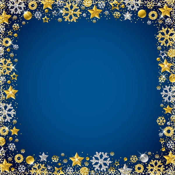 Niebieskie Kartki Świąteczne Granicy Złote Srebrne Błyszczące Płatki Śniegu Gwiazd — Wektor stockowy