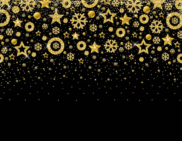 Black Christmas Card Frame Golden Glittering Snowflakes Stars Vector Illustration — Stock Vector