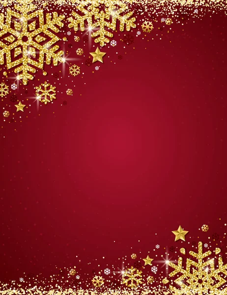 Κόκκινο Χριστουγεννιάτικο Φόντο Κορνίζα Χρυσό Ακτινοβολώντας Νιφάδες Χιονιού Εικονογράφηση Διάνυσμα — Διανυσματικό Αρχείο