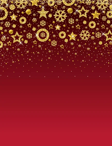 Red Christmas Card Frame Golden Glittering Snowflakes Stars Vector Illustration — Stock Vector