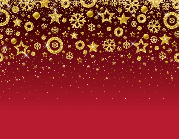 Red Christmas Card Frame Golden Glittering Snowflakes Stars Vector Illustration — Stock Vector