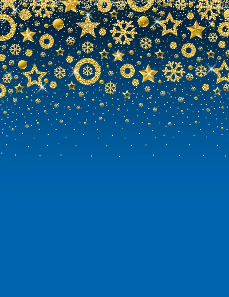 Biglietto Natale Blu Con Cornice Fiocchi Neve Stelle Scintillanti Oro — Vettoriale Stock