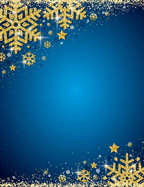 Blå Jul Bakgrund Med Ram Guld Glittrande Snöflingor Vektorillustration — Stock vektor