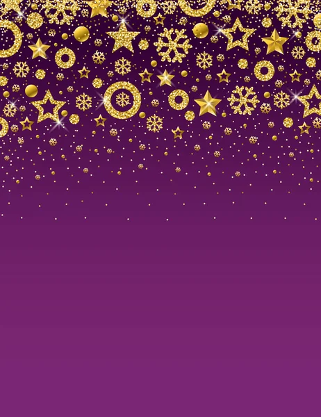 Purple Christmas Card Frame Golden Glittering Snowflakes Stars Vector Illustration — Stock Vector
