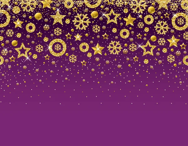 Tarjeta Navidad Púrpura Con Marco Copos Nieve Brillantes Dorados Estrellas — Archivo Imágenes Vectoriales
