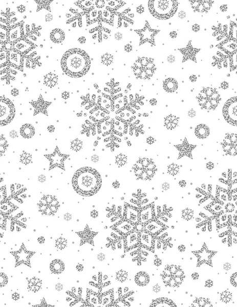 Patrón Sin Costuras Navidad Con Copos Nieve Brillantes Plata Estrellas — Vector de stock