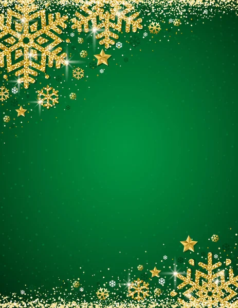 Green Christmas Background Frame Gold Glittering Snowflakes Vector Illustration — Stock Vector