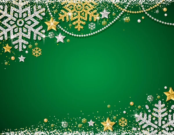 Zielone Tło Boże Narodzenie Ramki Złote Srebrne Błyszczące Płatki Śniegu — Wektor stockowy