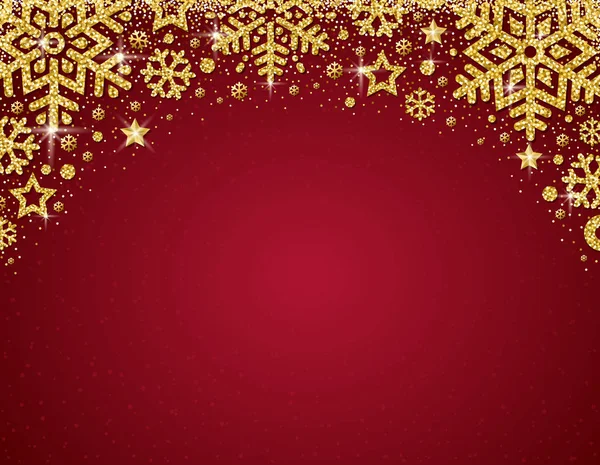 Rode Kerstkaart Met Frame Van Gouden Glittering Sneeuwvlokken Sterren Vectorillustratie — Stockvector