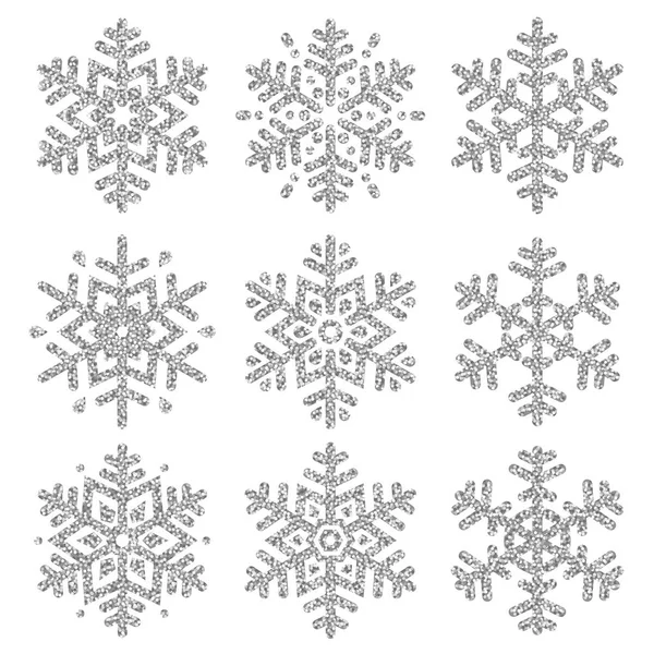Set Silver Glittering Snowflakes White Backgrounds Vector Illustration — Stock Vector