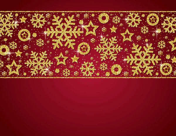 Rode Kerstkaart Met Frame Van Gouden Glittering Sneeuwvlokken Sterren Vectorillustratie — Stockvector