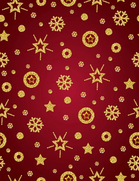 Boże Narodzenie Czerwony Wzór Tła Złote Błyszczące Płatki Śniegu Gwiazdach — Wektor stockowy