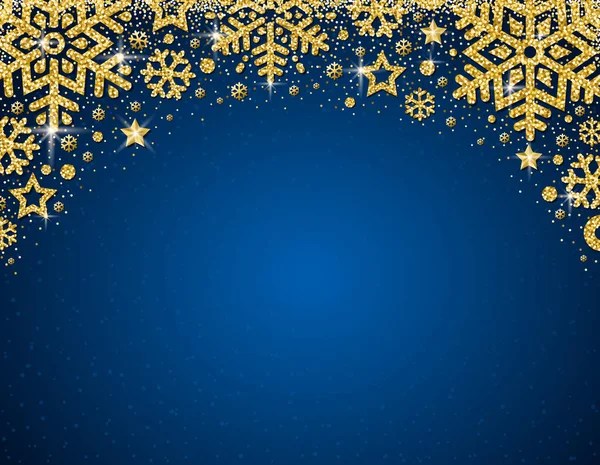 Blue Christmas Card Frame Golden Glittering Snowflakes Stars Vector Illustration — Stock Vector
