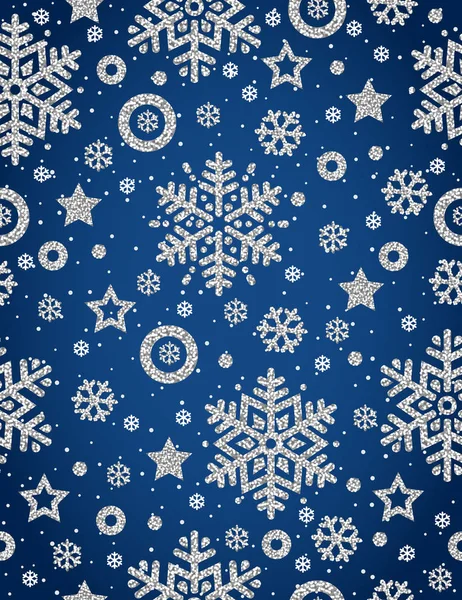 Синий Рождественский Фон Серебристыми Сверкающими Снежинками Звездами Векторная Иллюстрация — стоковый вектор