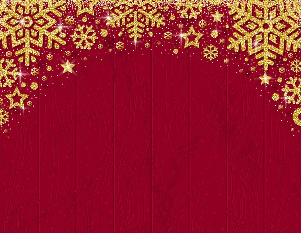 Rött Trä Julkort Med Ram Gyllene Glittrande Snöflingor Och Stjärnor — Stock vektor