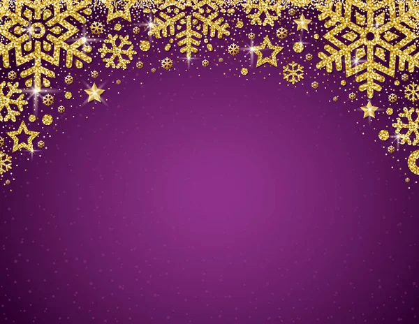 Purple Christmas Card Frame Golden Glittering Snowflakes Stars Vector Illustration — Stock Vector
