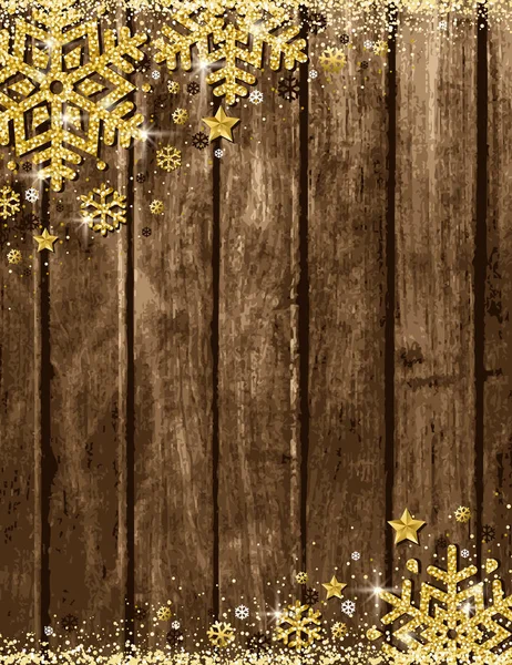 Cartão Natal Madeira Com Moldura Flocos Neve Dourados Brilhantes Estrelas — Vetor de Stock