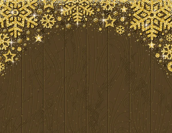 Brown Wooden Christmas Card Frame Golden Glittering Snowflakes Stars Vector — Stock Vector