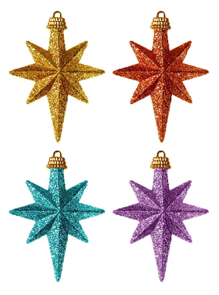 Glänzende Goldene Sterne Spielzeug Für Weihnachtsbaum Isoliert Auf Weißem Hintergrund — Stockfoto