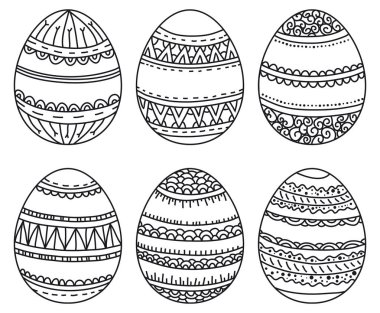 Yumurta boyama kitabı için geometrik desenli vektör kümesi. Dekoratif elemanlar çizilmiş vektör. Siyah ve beyaz. Zentangle - vektör. Tasarım Paskalya tatilleri.
