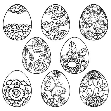 Yumurta boyama kitabı için çiçek desenli vektör kümesi. Dekoratif elemanlar çizilmiş vektör. Siyah ve beyaz. Zentangle - vektör. Tasarım Paskalya tatilleri.
