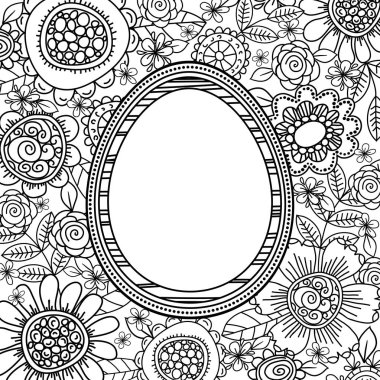Yumurta boyama kitabı için çiçek desenli vektör. Dekoratif elemanlar çizilmiş vektör. Siyah ve beyaz. Zentangle - vektör. Tasarım Paskalya tatilleri.