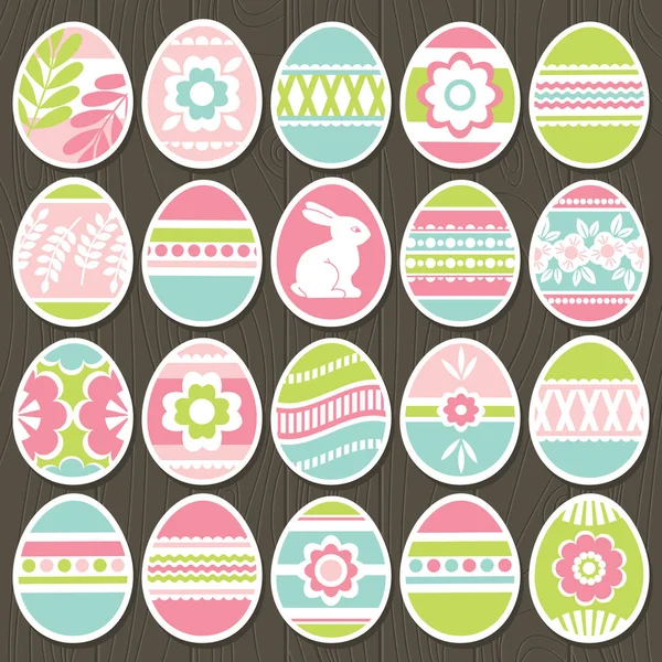 Set Color Easter Eggs Brown Wooden Background Holiday Easter Eggs — Stock Vector