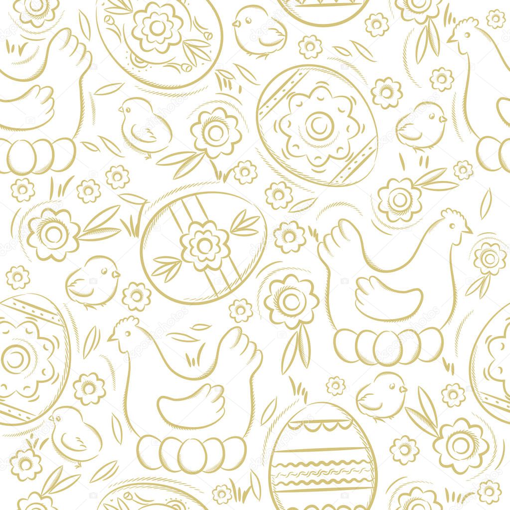 Seamless pattern with EASTER EGGS, flowers, leafs, chick and hen. Easter holidays design. Can be used for fabric, wallpaper, pattern fills, web page background, greeting card, scrap booking, vector illustration.