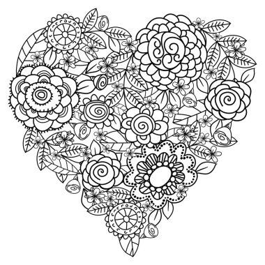 Bahar çiçekleri boyama kitabı için büyük kalp. Anneler günü tasarım tatil. Sevgililer günü kalp. Dekoratif elemanlar çizilmiş. Siyah ve beyaz. Zentangle - vektör. 