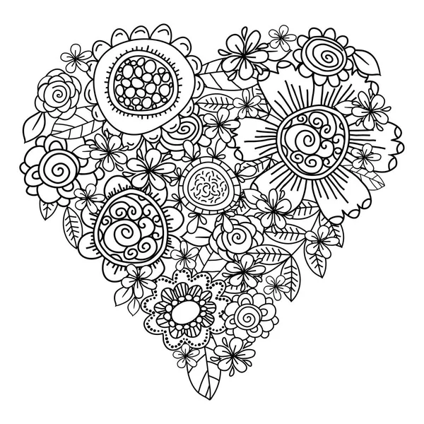 春の花の塗り絵の大きな心 母の日は休日のデザインです バレンタインの日の心 手描きの装飾的な要素 黒と白 Zentangle ベクトル — ストックベクタ