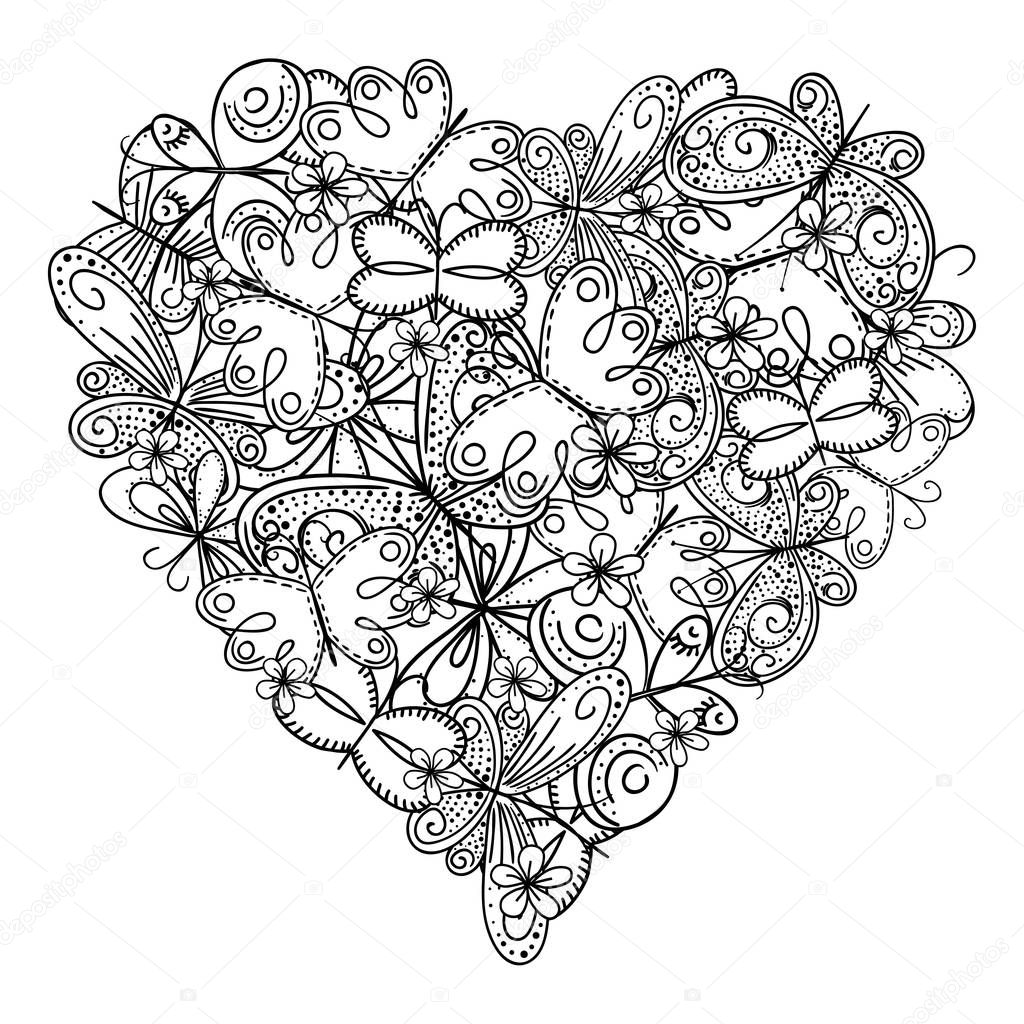 Big heart of butterflies for coloring book. Mothers day holidays design. Valentines day heart. Hand-drawn decorative elements.  Black and white. Zentangle - Vector. 