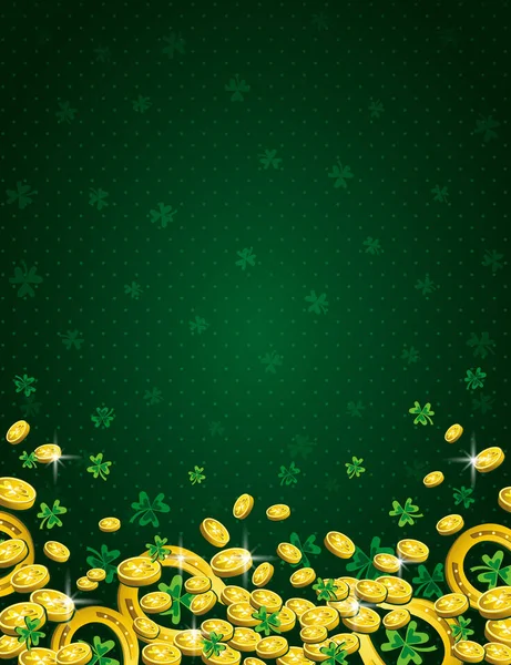 Green Patricks Day background with golden horseshoe, coins and clover. Patrick's Day design. Greetings card. Can be used for wallpaper, web, scrap booking, vector. — Stock Vector