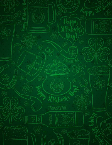 Green Patrick's day background with beer mug, beer bottle, horseshoe, hat, pipe, shamrocks, pot with golden coins, vector illustration. Can be used for wallpaper, web, scrap booking, vector — Stock Vector