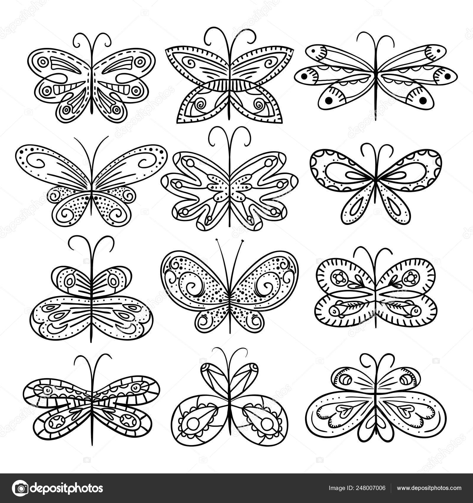 Twelve Hand Drawn Butterflies Appropriate For Coloring Book Hand