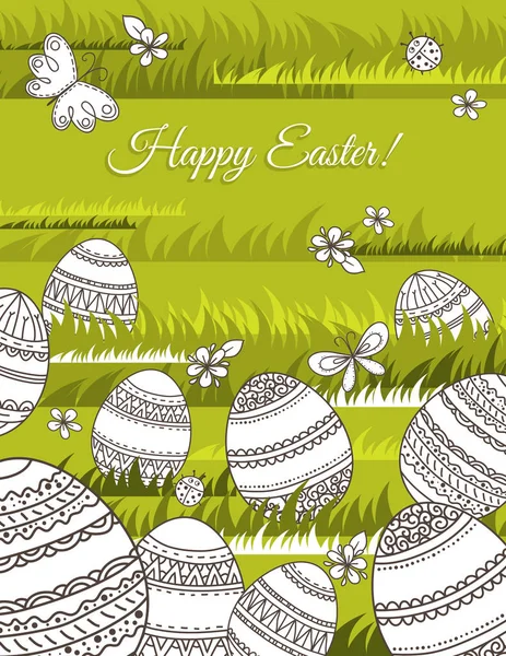 Vector card for Easter holidays with geometric decorated eggs for coloring book. Hand drawn decorative elements in vector. Green grass background. Easter design. — Stock Vector