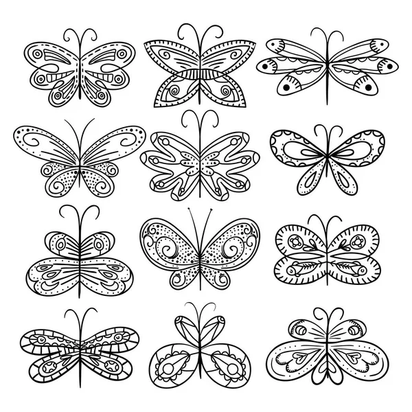Двенадцать ручных бабочек, подходящих для раскраски книги. Ручной рисунок декоративных бабочек. Черное и белое. Векторная иллюстрация — стоковый вектор