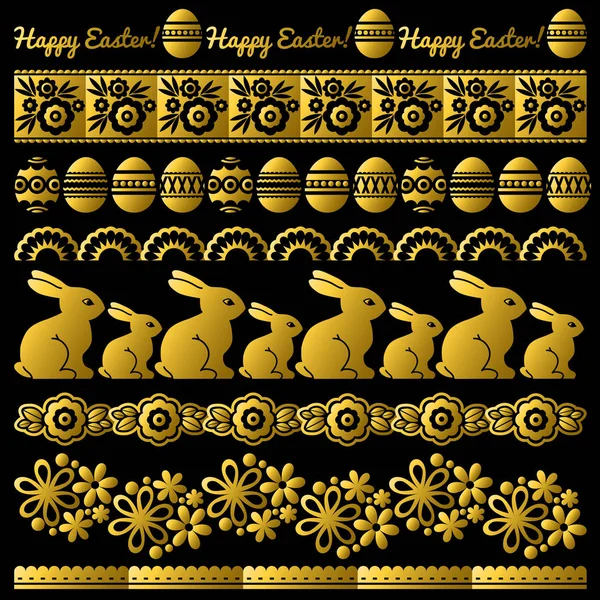 Set of golden Easter Lace Paper with flower, rabbits and eggs. Easter repeatable holidays design. Can be used for fabric, wallpaper, web, greeting card, scrap booking, vector — Stock Vector