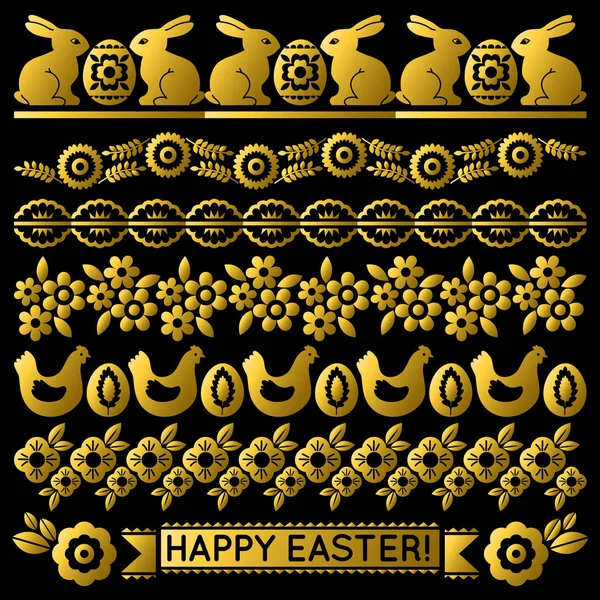 Conjunto de papel de encaje de Pascua dorado con flores, conejos, gallinas y huevos. Diseño de vacaciones repetibles de Pascua. Puede ser utilizado para la tela, papel pintado, tela, tarjeta de felicitación, reserva de chatarra, vector — Vector de stock