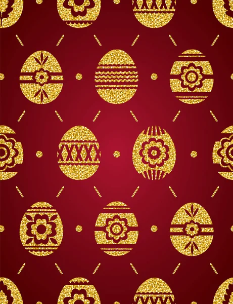 Patrón sin costuras de huevos de Pascua dorados aislados sobre fondo rojo. Huevos de Pascua dorados decorados con flores. Diseño de impresión, etiqueta, pegatina, reserva de chatarra, ilustración vectorial — Vector de stock