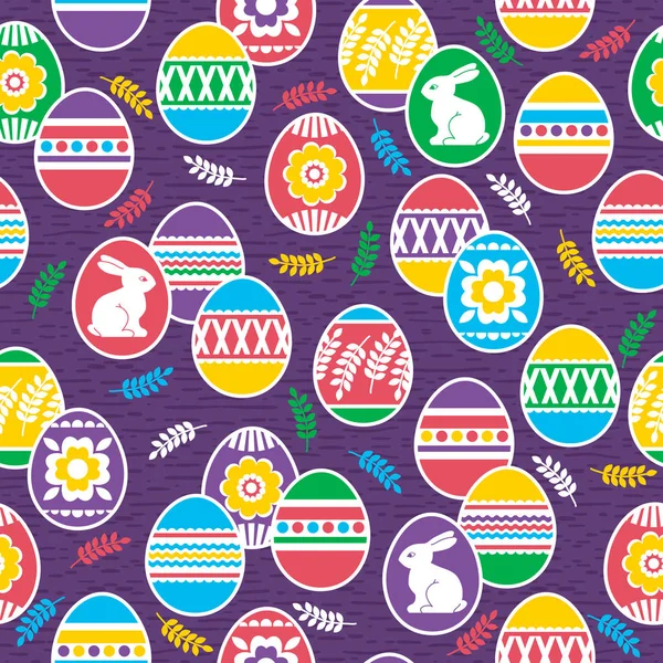 Patrón sin costuras con huevos de Pascua, flores, hojas y conejos sobre fondo púrpura. Diseño de vacaciones repetibles de Pascua. Puede ser utilizado para la tela, papel pintado, patrón, fondo de página web, tarjeta de felicitación, reserva de chatarra, vector — Archivo Imágenes Vectoriales
