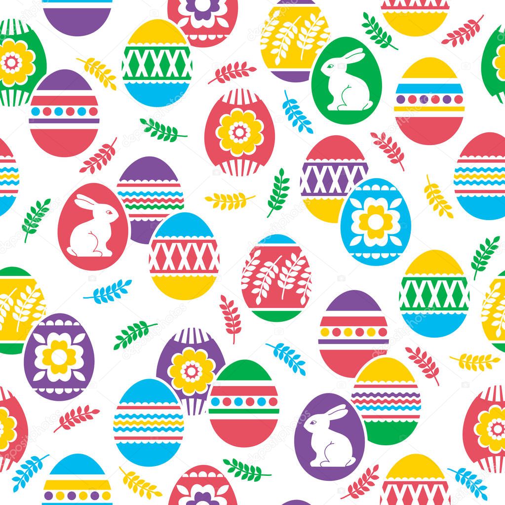 Seamless pattern with Easter eggs, flowers, leafs and rabbits over white background. Easter repeatable holidays design. Can be used for fabric, wallpaper, pattern, web page background, greeting card, scrap booking, vector