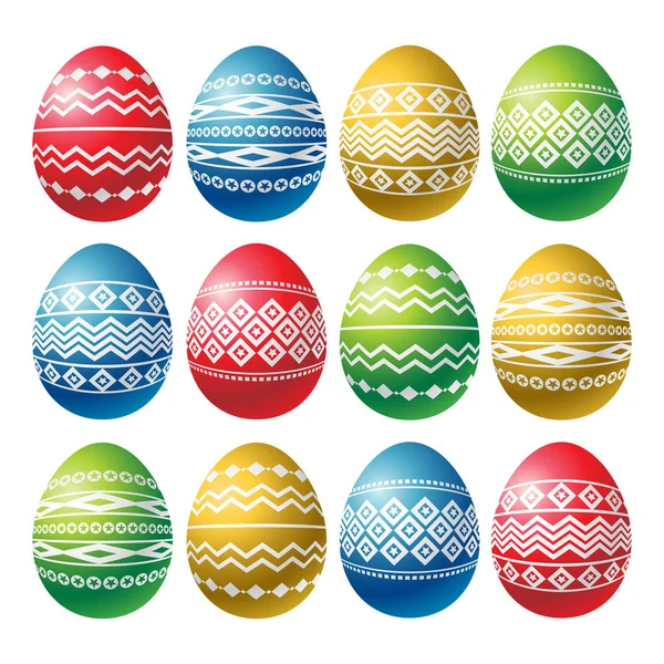 Colore uova di Pasqua isolate su sfondo bianco. Vacanze Uova di Pasqua decorate con forme geometriche. Stampare design, etichetta, adesivo, prenotazione rottami, illustrazione vettoriale — Vettoriale Stock