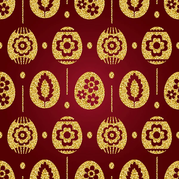 Nahtloses Muster aus goldenen Ostereiern auf rotem Hintergrund. goldene Ostereier mit Blumen verziert. Druckdesign, Etikett, Aufkleber, Abwrackbuchung, Vektorillustration — Stockvektor