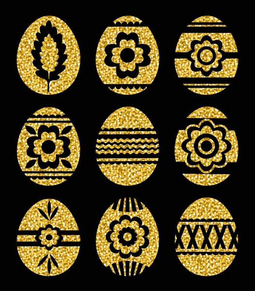 Huevos de Pascua dorados aislados sobre fondo negro. Huevos de Pascua de vacaciones decorados con flores. Diseño de impresión, etiqueta, pegatina, reserva de chatarra, ilustración vectorial — Archivo Imágenes Vectoriales