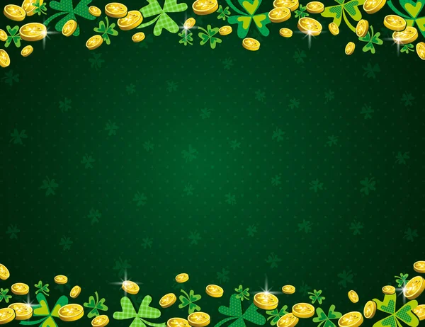 Green Patrick's Day background with frame of golden coins and clover. Patrick's Day design. Greetings card. Can be used for wallpaper, web, scrap booking, vector. — Stock Vector