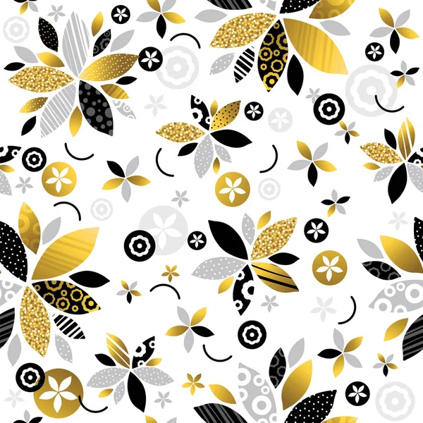 黄金と黒の装飾花をきらびやかな反復可能なパターン。シームレスな花柄。再現性のある背景。ファブリック、スクラップ予約、壁紙、web の背景、招待状、ベクトルに使用できます。 — ストックベクタ