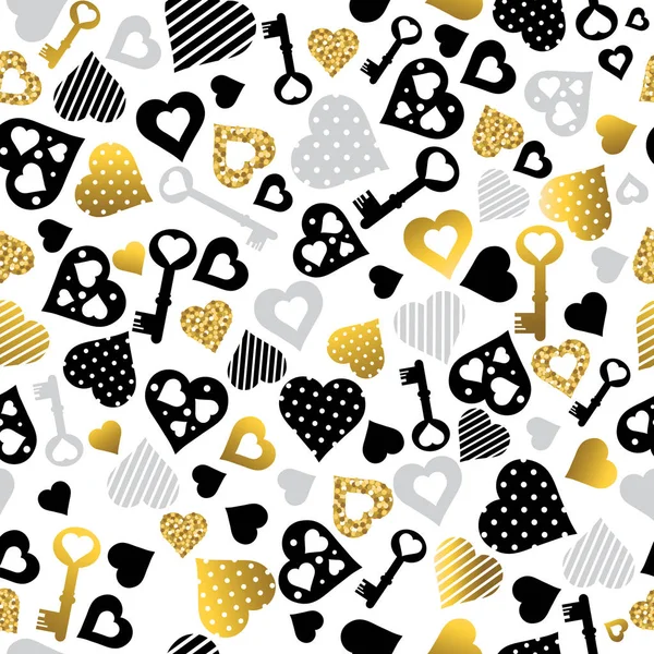 Modèle de valentines sans couture avec des cœurs et des clés scintillants dorés et noirs. Modèle sans couture or. Conception répétitive de la Saint-Valentin. Peut être utilisé pour le tissu, réservation de ferraille, papier peint, fond web, invitation, vecteur — Image vectorielle